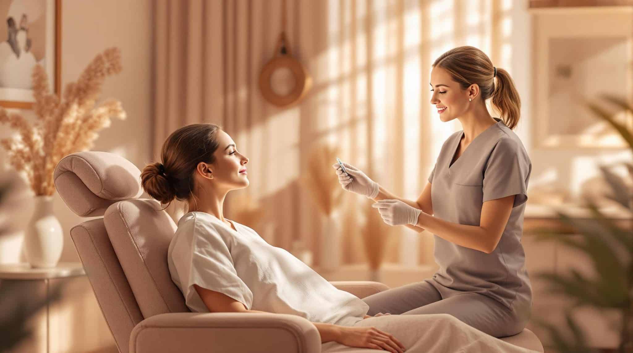 a first time botox consultation in a serene med spa setting where a professional practitioner explains the process to a client scaled 2