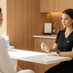 Provider discussing plated skin science exosomes explained during regenerative skincare consultation