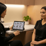 Aesthetic provider reviewing thread lift recovery photos day by day with patient
