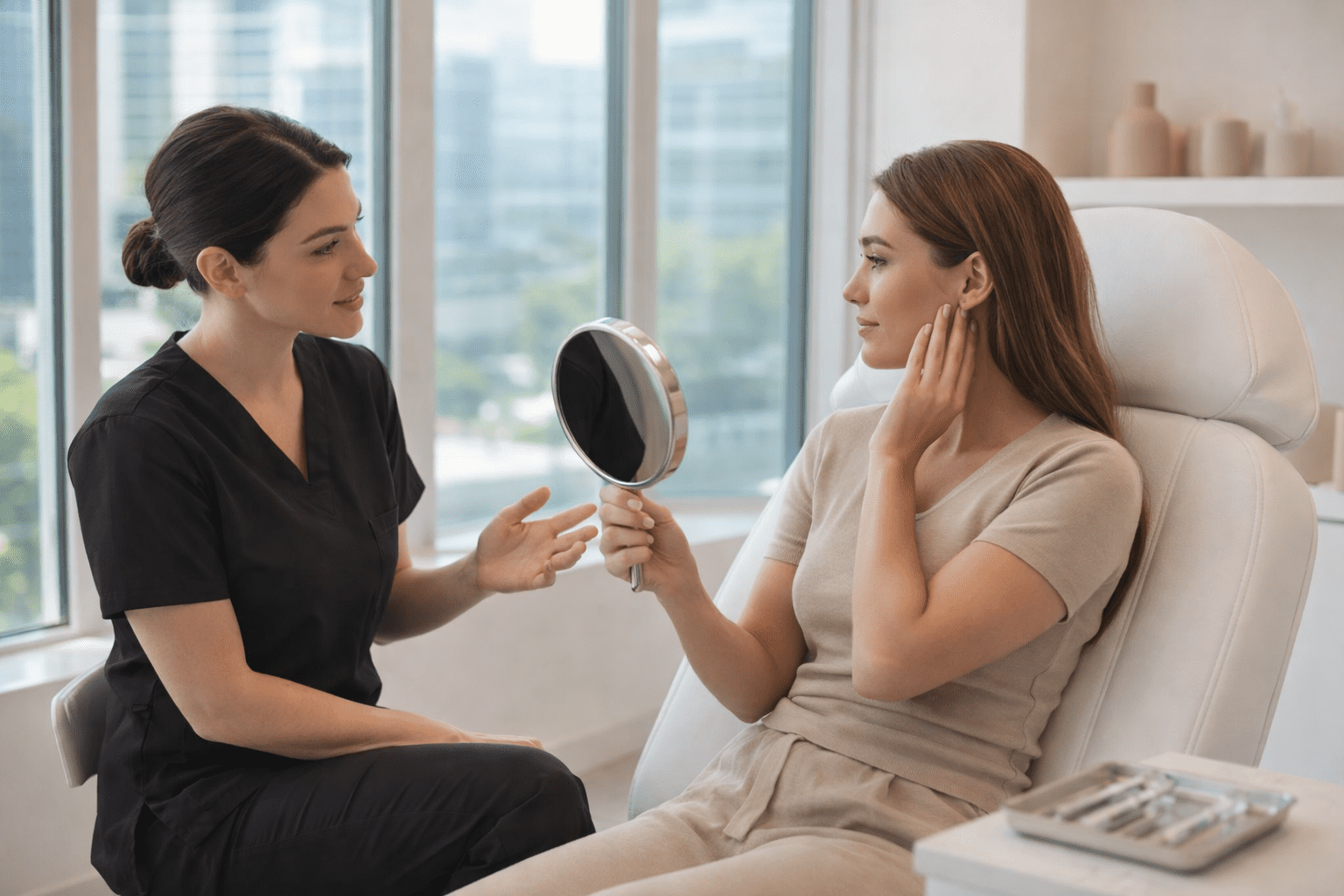 natural-looking dermal fillers consultation with patient holding mirror