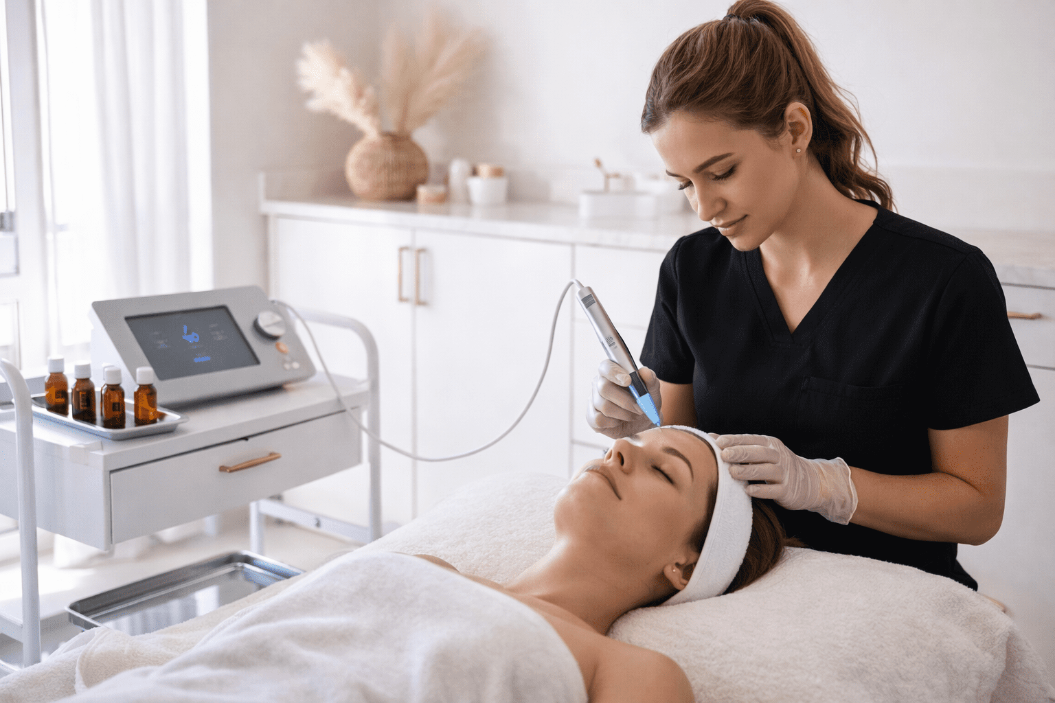 microneedling with growth factors treatment on forehead
