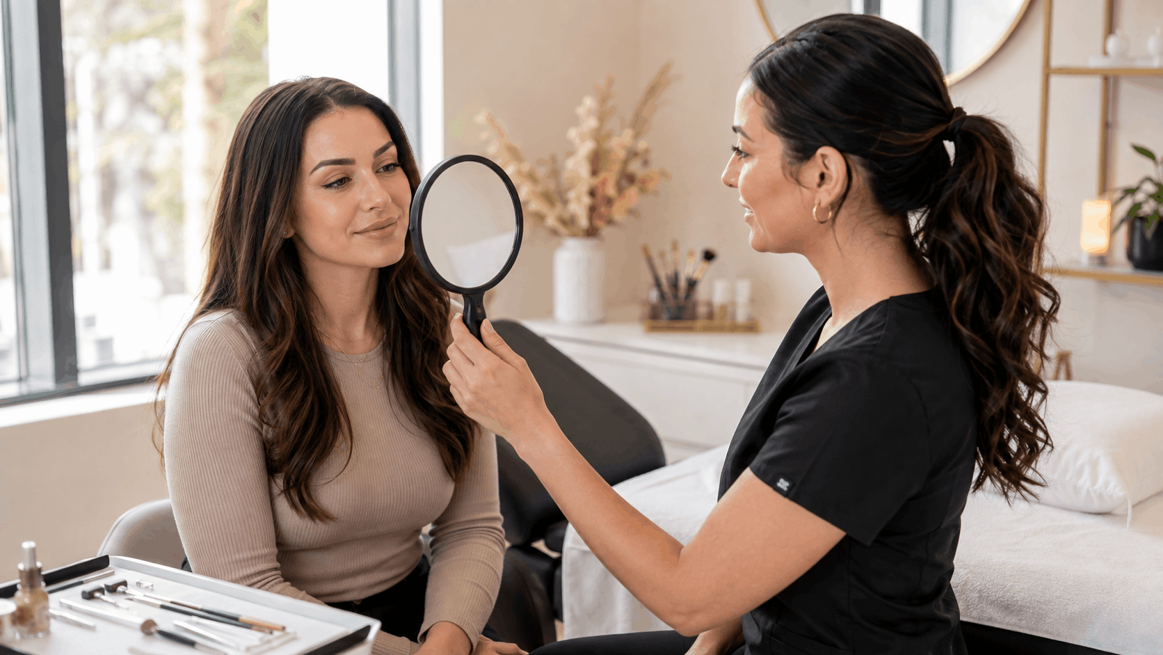 nano brows vs microblading consultation with patient comparing natural brow results.