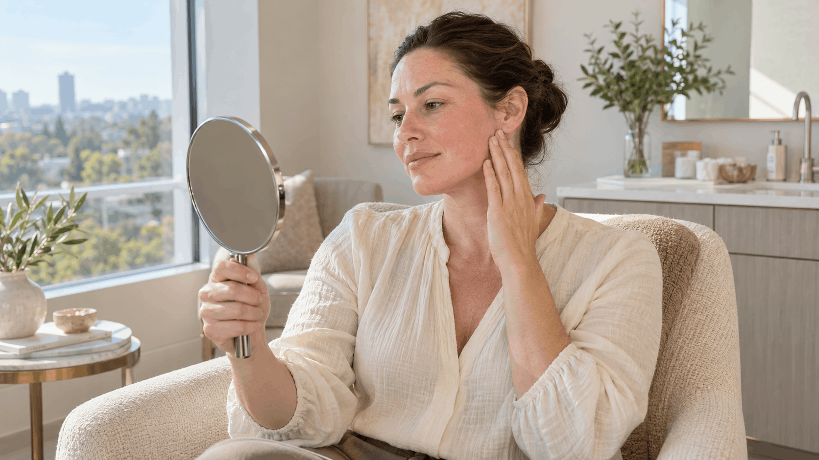 lutronic ultra recovery with woman checking facial redness in mirror