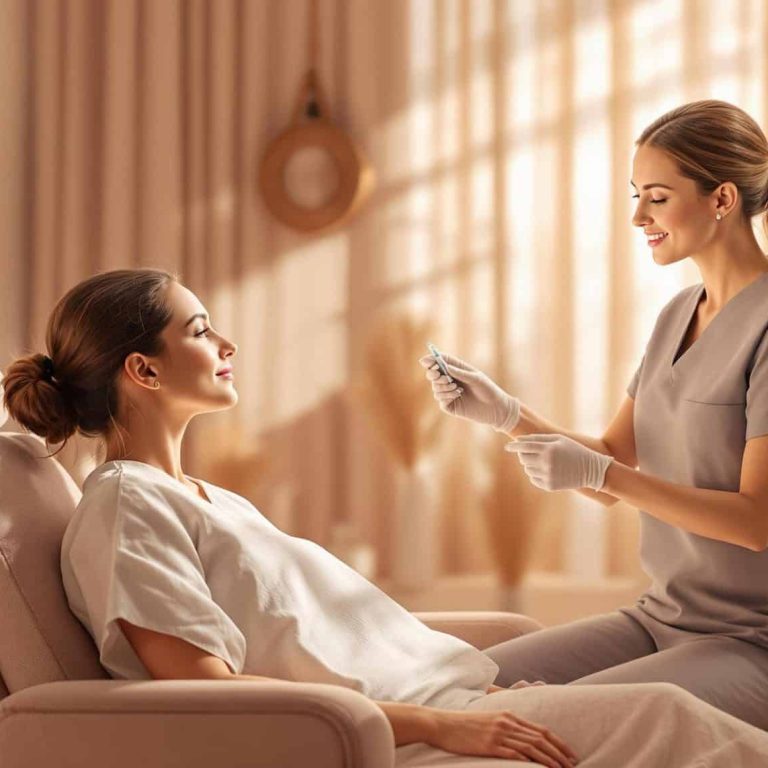 a first time botox consultation in a serene med spa setting where a professional practitioner explains the process to a client scaled 2